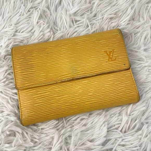 LOUIS‎ VUITTON Trifold Snap Yellow Leather Epi Wallet, Purple Lined - Picture 1 of 13
